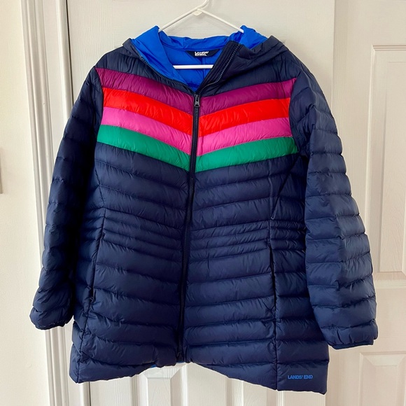 Lands' End Women’s Plus Size 1X Navy Down Puffer Jacket with Colorful Stripes - Picture 1 of 3
